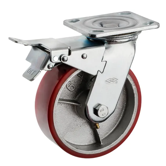 100 125 150 200mm Ruedus Swivel Red PU Iron Core Heavy Duty Caster with Brake