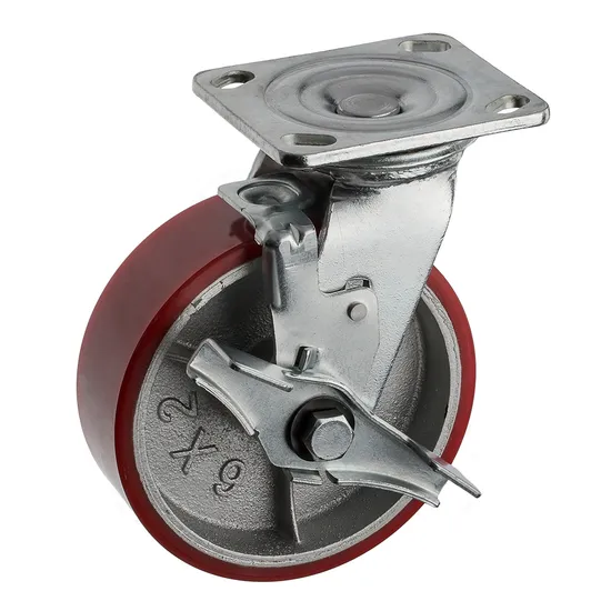 100 125 150 200mm Ruedus Swivel Red PU Iron Core Heavy Duty Caster with Brake